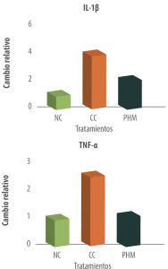 Figura 4. Efecto de la suplementación polibotánica sobre la expresión relativa en el yeyuno de las citocinas proinflamatorias IL-1β y TNF-α en pollos de engorde bajo desafío con Eimeria.
