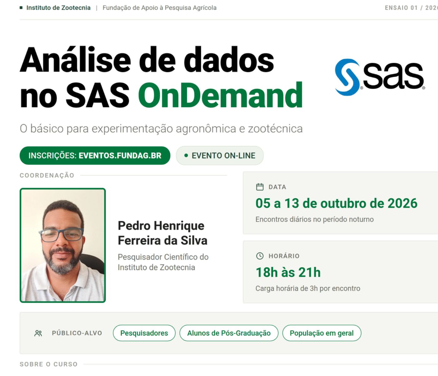  Instituto de Zootecnia: curso online sobre análise de dados no SAS OnDemand